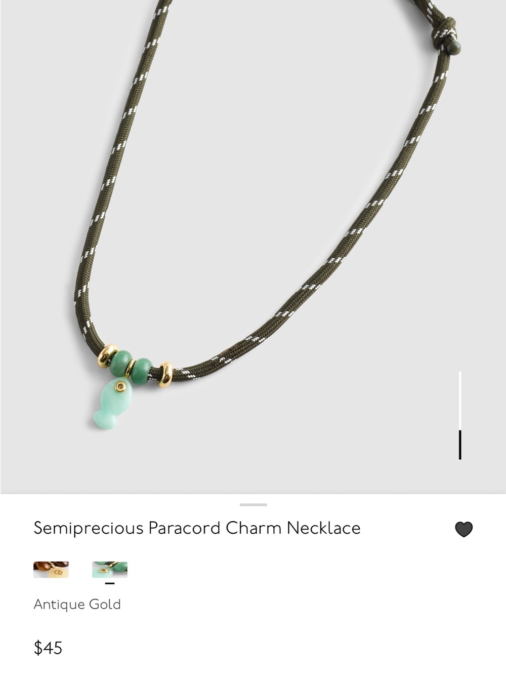 Madewell Olive Paracord Necklace with Mint Green Charm and Gold Accents